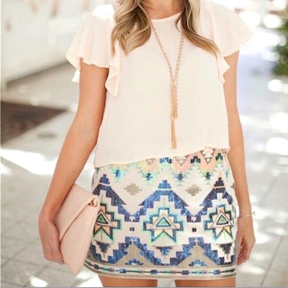 🆕 EXPRESS | ivory/multicolor sequin stretch mini skirt SIZE XS - Picture 3 of 12